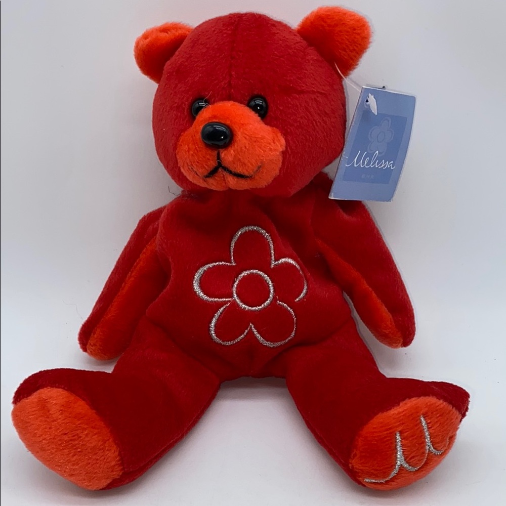 Melissa Red and Orange Plush Beanie Bear Cancer Research Flower Embroidery 8”